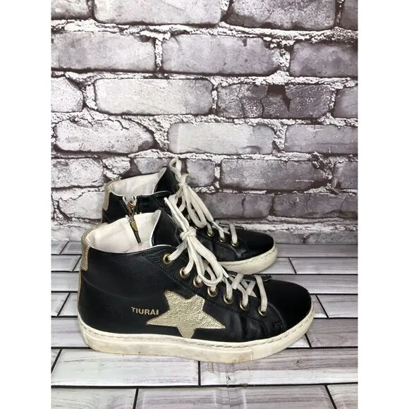 Tiurai Logo Black Leather High Top Lace Up Sneakers Shoes Women’s Sz 36EU/6M US