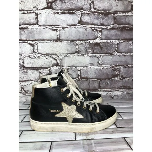 Tiurai Logo Black Leather High Top Lace Up Sneakers Shoes Women’s Sz 36EU/6M US