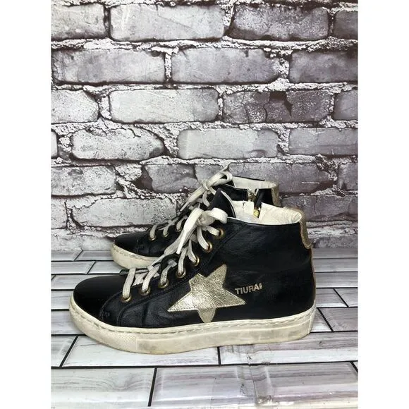 Tiurai Logo Black Leather High Top Lace Up Sneakers Shoes Women’s Sz 36EU/6M US