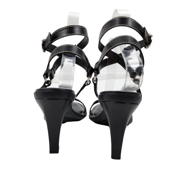 Tods Ankle Wrap Adjustable Strap Black Leather Open Toe Heels Shoes Size 7