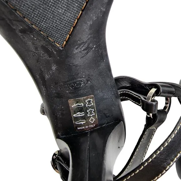 Tods Ankle Wrap Adjustable Strap Black Leather Open Toe Heels Shoes Size 7