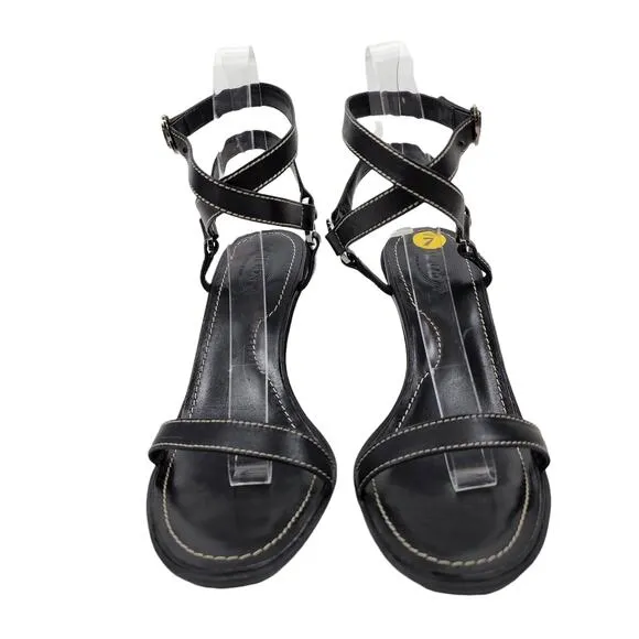 Tods Ankle Wrap Adjustable Strap Black Leather Open Toe Heels Shoes Size 7