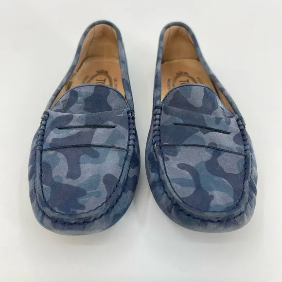 Tods Women’s EU 36.5 US 6.5 Blue Camo Suede Loafer Moc Driving Shoes
