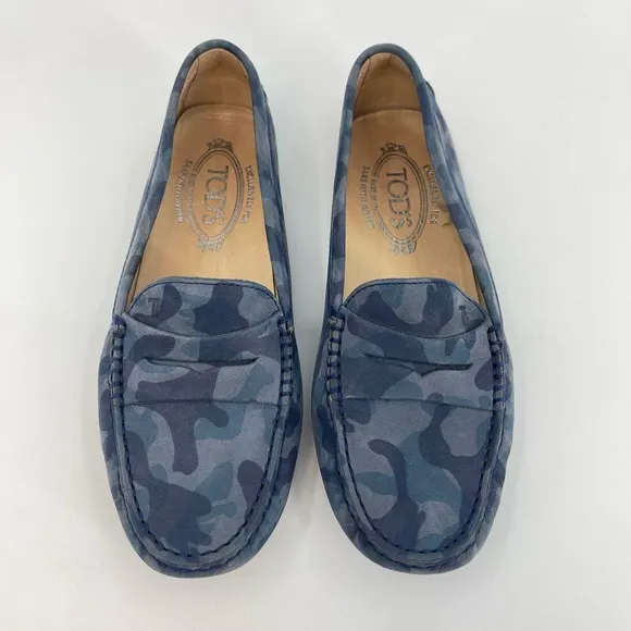 Tods Women’s EU 36.5 US 6.5 Blue Camo Suede Loafer Moc Driving Shoes