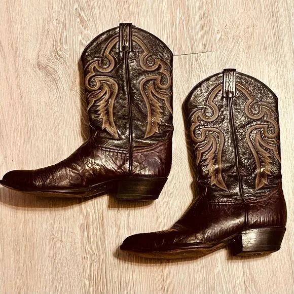TONY LAMA MEN'S NACOGDOCHES TEJU LIZARD WESTERN BOOTS Almond ROUND TOE 10