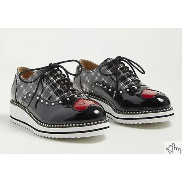 Torrid Betsey Johnson 8WW Punk Rockabilly Plaid Heart Tattoo Oxford‎ Shoes New