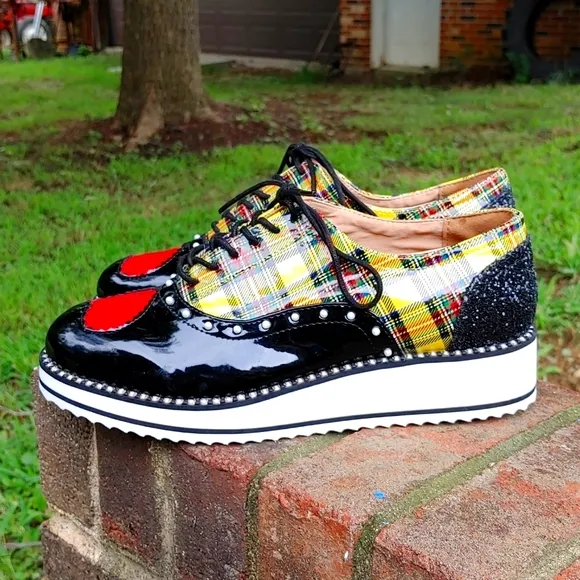 Torrid/Betsey Johnson Yellow Plaid Oxford Shoes Size 7.5WW (2904)
