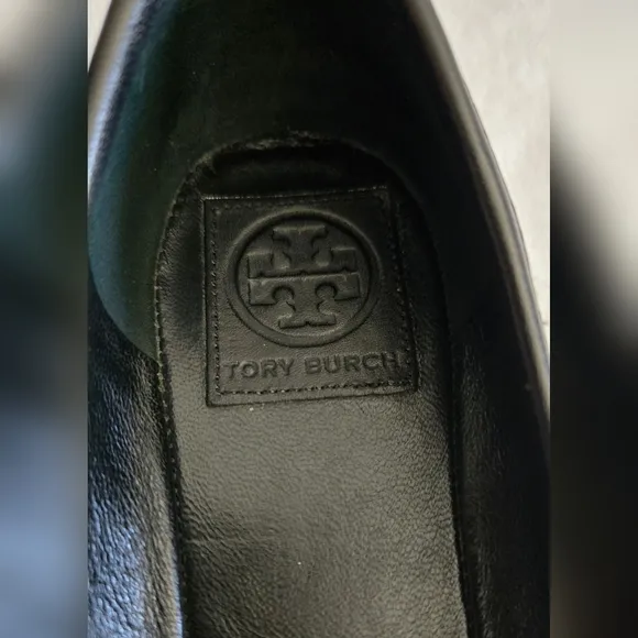 Tory Burch Ballet Flat Textured Patent Black Leather Shoes Gold Logo Size 8.5M