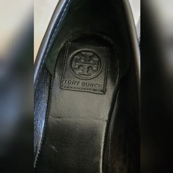 Tory Burch Ballet Flat Textured Patent Black Leather Shoes Gold Logo Size 8.5M