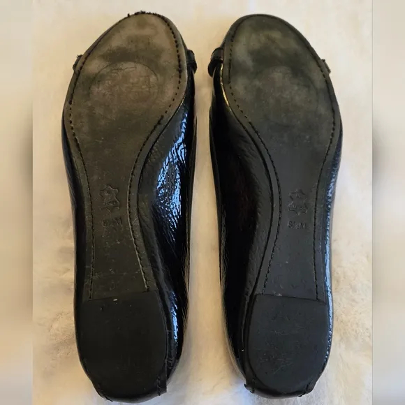 Tory Burch Ballet Flat Textured Patent Black Leather Shoes Gold Logo Size 8.5M