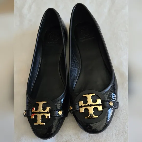 Tory Burch Ballet Flat Textured Patent Black Leather Shoes Gold Logo Size 8.5M