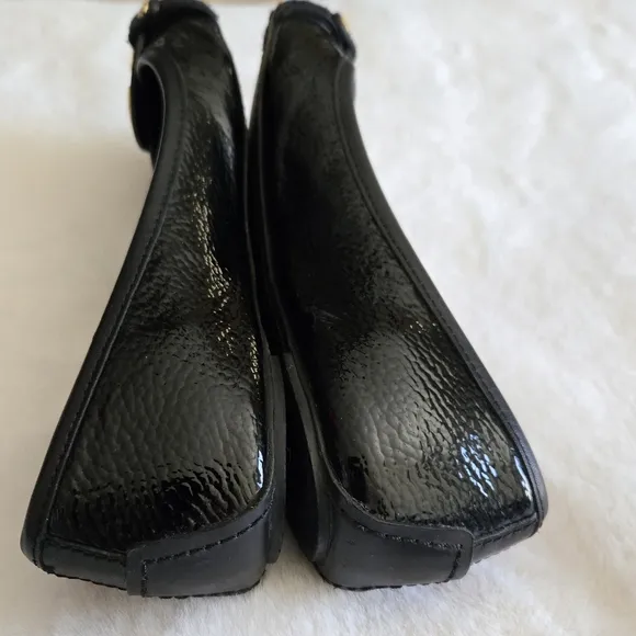 Tory Burch Ballet Flat Textured Patent Black Leather Shoes Gold Logo Size 8.5M