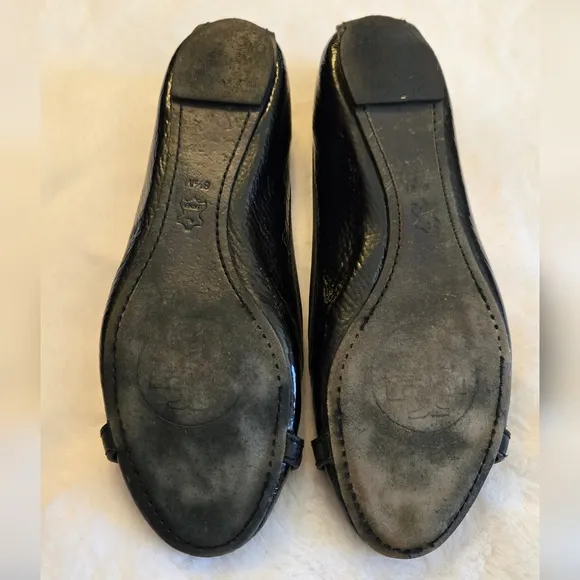Tory Burch Ballet Flat Textured Patent Black Leather Shoes Gold Logo Size 8.5M