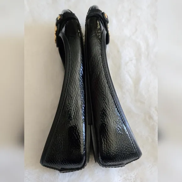 Tory Burch Ballet Flat Textured Patent Black Leather Shoes Gold Logo Size 8.5M