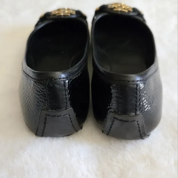 Tory Burch Ballet Flat Textured Patent Black Leather Shoes Gold Logo Size 8.5M