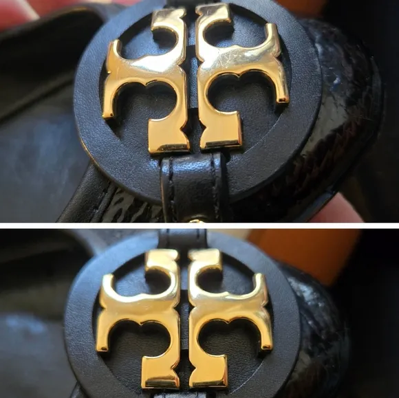 Tory Burch Ballet Flat Textured Patent Black Leather Shoes Gold Logo Size 8.5M