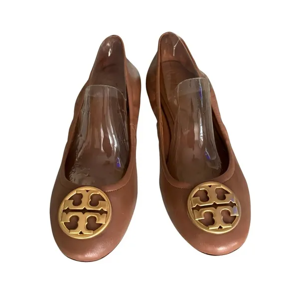 Tory Burch Benton British Tan Leather Flats Double T Logo Shoes Womens