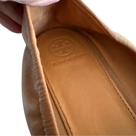 Tory Burch Benton British Tan Leather Flats Double T Logo Shoes Womens