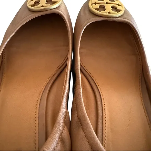 Tory Burch Benton British Tan Leather Flats Double T Logo Shoes Womens