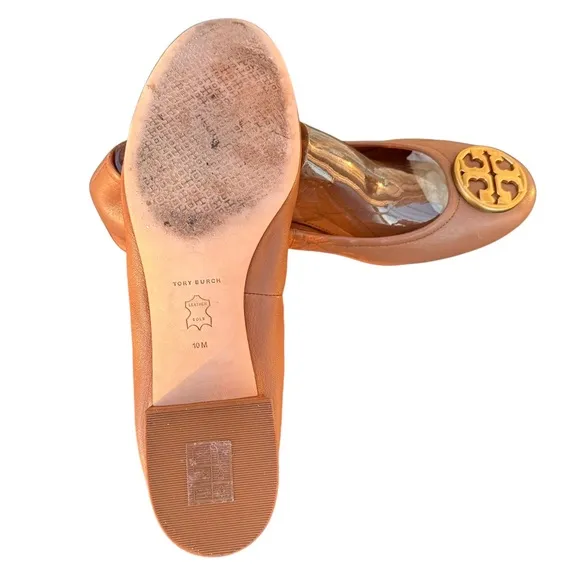 Tory Burch Benton British Tan Leather Flats Double T Logo Shoes Womens