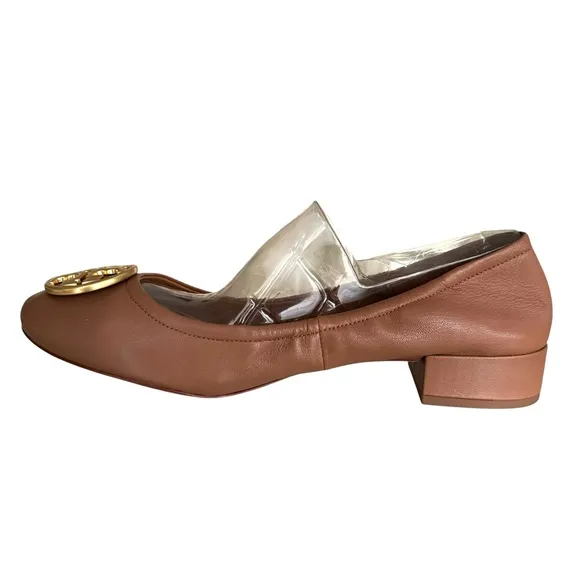 Tory Burch Benton British Tan Leather Flats Double T Logo Shoes Womens