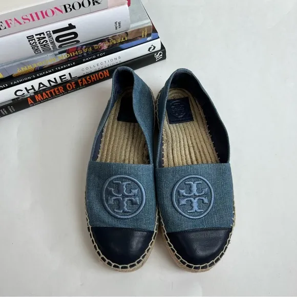 TORY BURCH Benton Slip On Platform Espadrille Flat 6 M Denim Navy Chambru