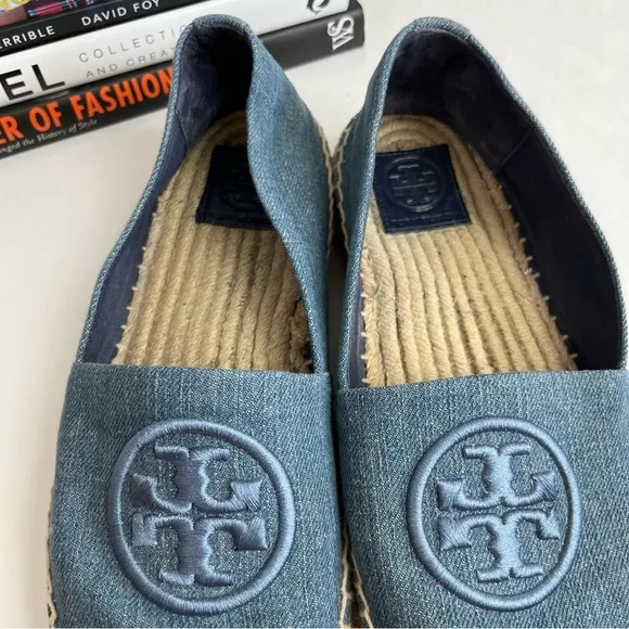 TORY BURCH Benton Slip On Platform Espadrille Flat 6 M Denim Navy Chambru