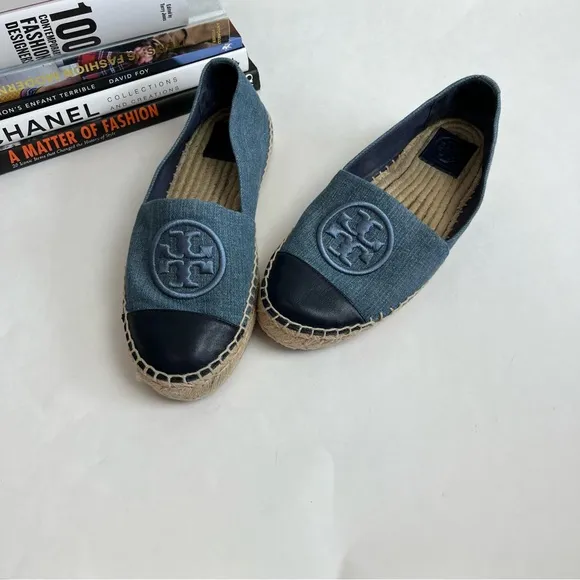 TORY BURCH Benton Slip On Platform Espadrille Flat 6 M Denim Navy Chambru