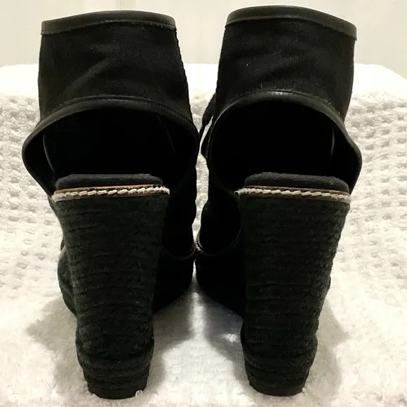 TORY BURCH Black and gold Canvas Espadrille Wedge Heel Platform Lace Up Size 7B