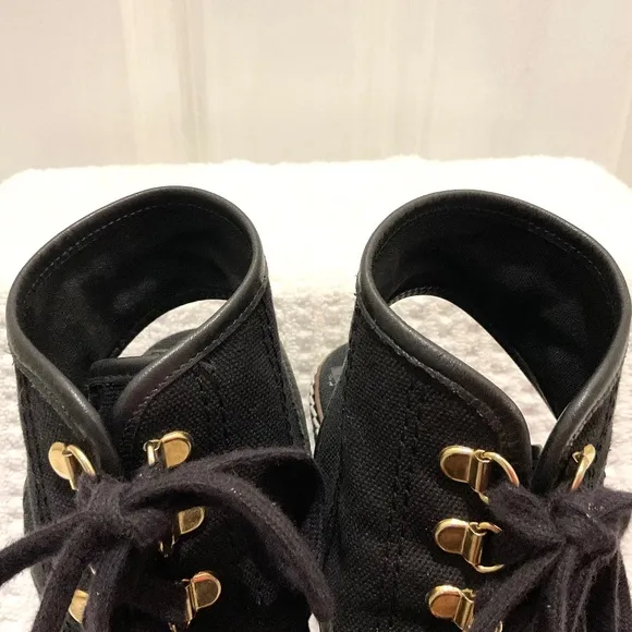 TORY BURCH Black and gold Canvas Espadrille Wedge Heel Platform Lace Up Size 7B