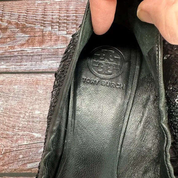 TORY BURCH | Black Sequin Ballet Flat Shoes, Silver Tone Hardware EUC