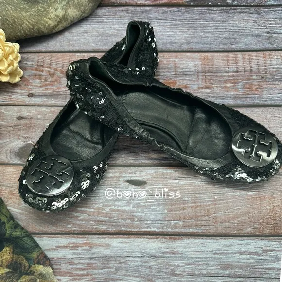 TORY BURCH | Black Sequin Ballet Flat Shoes, Silver Tone Hardware EUC