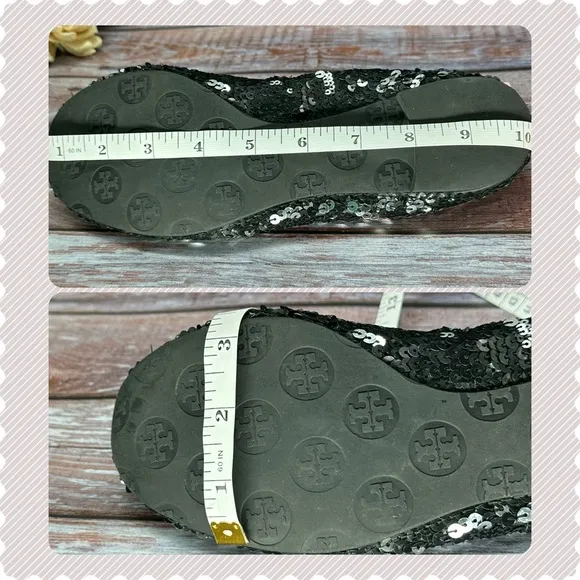 TORY BURCH | Black Sequin Ballet Flat Shoes, Silver Tone Hardware EUC