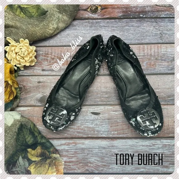 TORY BURCH | Black Sequin Ballet Flat Shoes, Silver Tone Hardware EUC