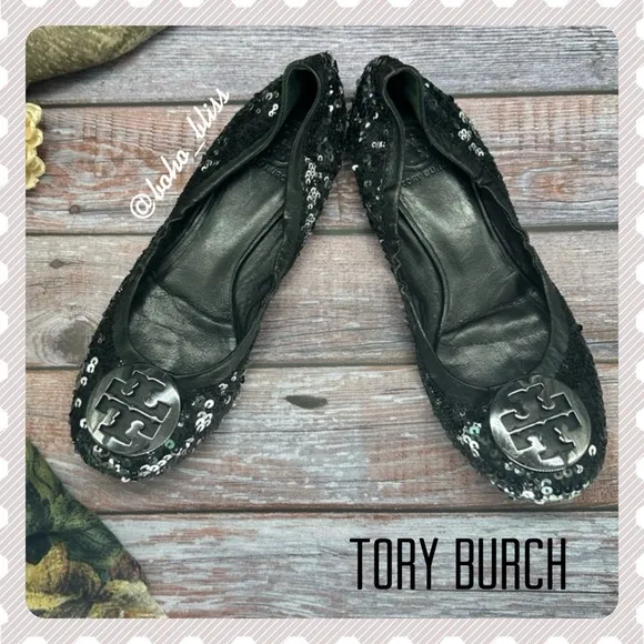 TORY BURCH | Black Sequin Ballet Flat Shoes, Silver Tone Hardware EUC