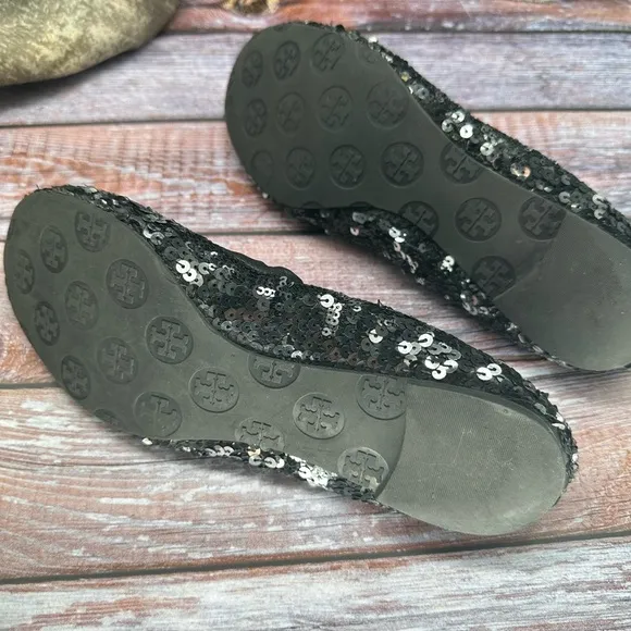 TORY BURCH | Black Sequin Ballet Flat Shoes, Silver Tone Hardware EUC
