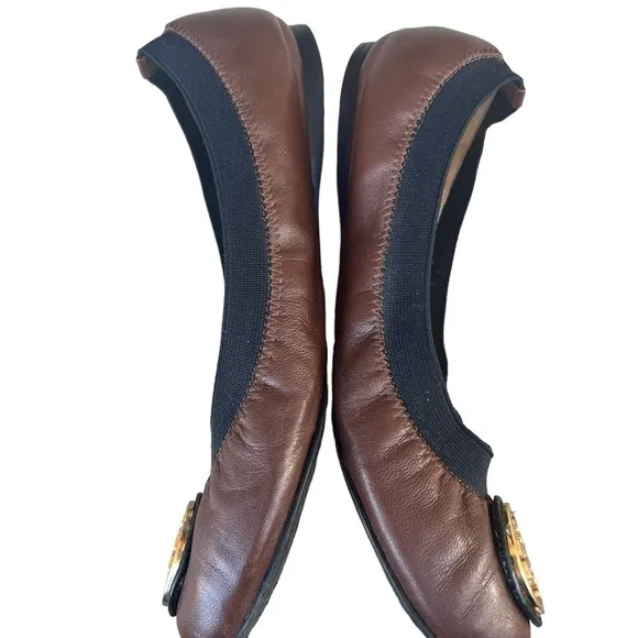 Tory Burch Caroline black and brown leather logo ballet flat shoes size 6.5