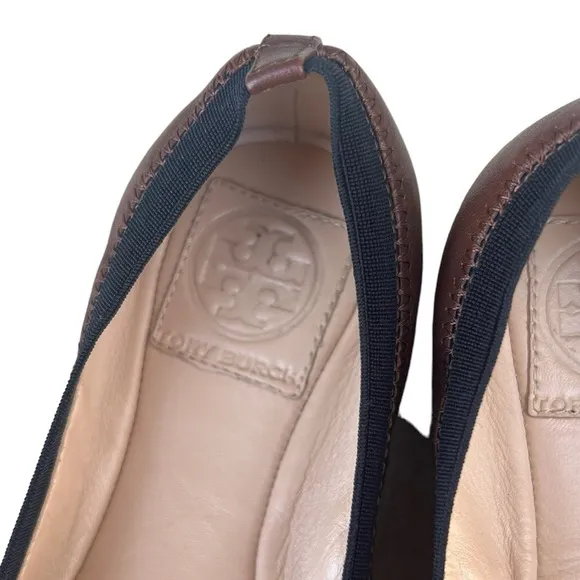 Tory Burch Caroline black and brown leather logo ballet flat shoes size 6.5