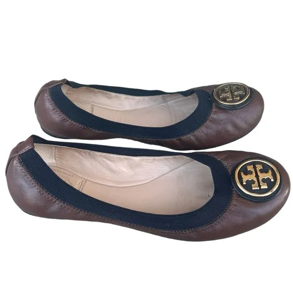 Tory Burch Caroline black and brown leather logo ballet flat shoes size 6.5