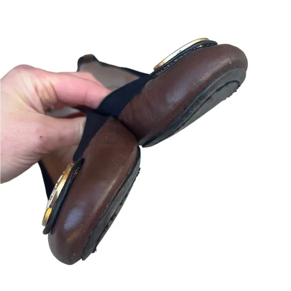 Tory Burch Caroline black and brown leather logo ballet flat shoes size 6.5