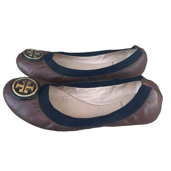 Tory Burch Caroline black and brown leather logo ballet flat shoes size 6.5