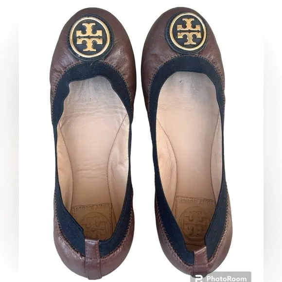 Tory Burch Caroline black and brown leather logo ballet flat shoes size 6.5