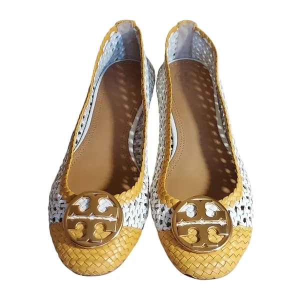 Tory Burch Chelsea Woven Leather Yellow White Medallion Flat Shoes