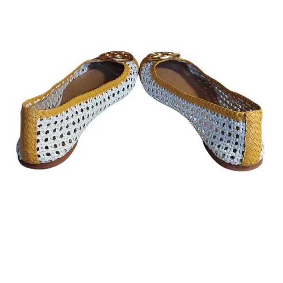 Tory Burch Chelsea Woven Leather Yellow White Medallion Flat Shoes