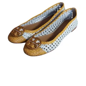 Tory Burch Chelsea Woven Leather Yellow White Medallion Flat Shoes