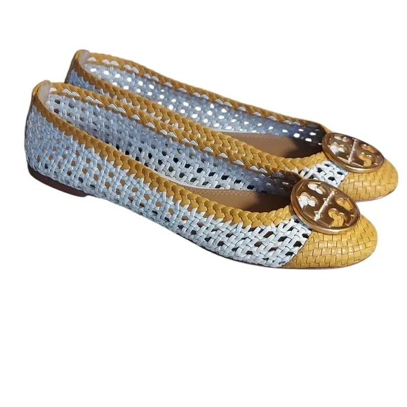 Tory Burch Chelsea Woven Leather Yellow White Medallion Flat Shoes