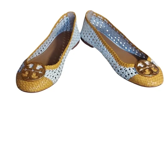 Tory Burch Chelsea Woven Leather Yellow White Medallion Flat Shoes