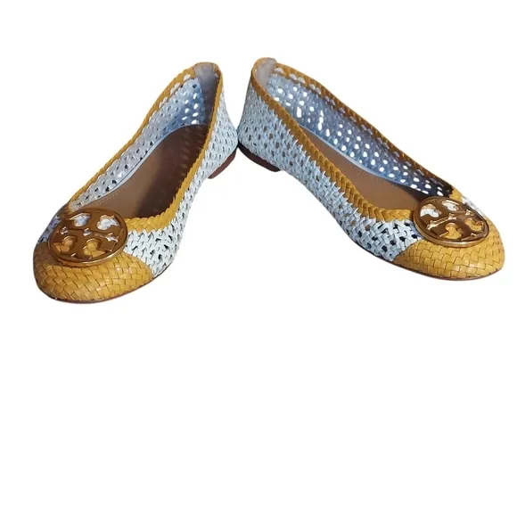 Tory Burch Chelsea Woven Leather Yellow White Medallion Flat Shoes