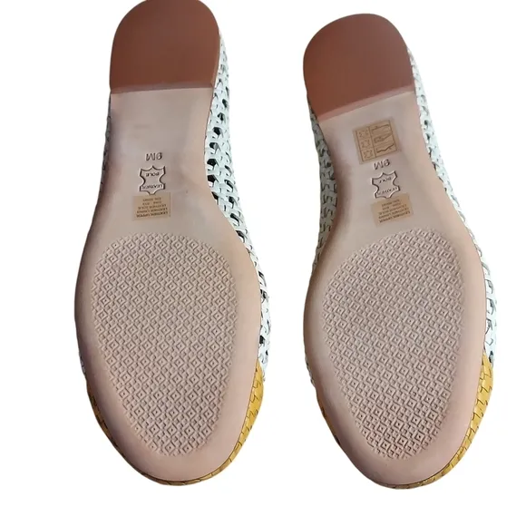 Tory Burch Chelsea Woven Leather Yellow White Medallion Flat Shoes