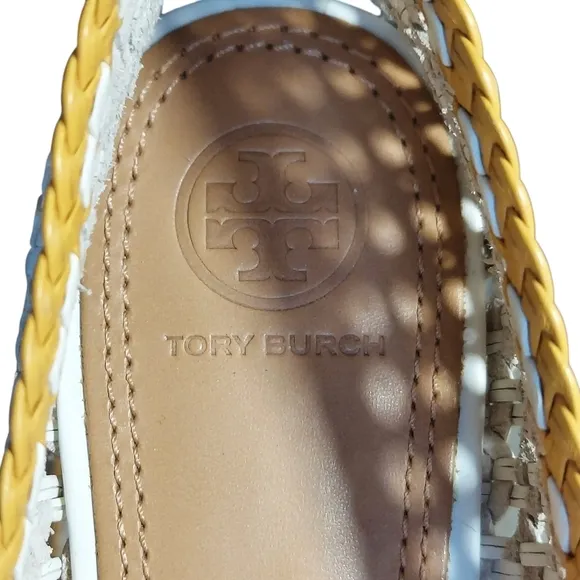 Tory Burch Chelsea Woven Leather Yellow White Medallion Flat Shoes